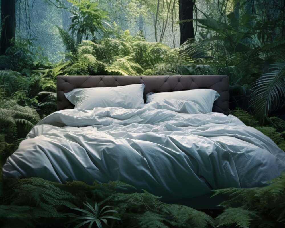 there is a bed in the forest, the concept of pleasant dreams and clean air, freedom sleep, by ai generative