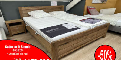 Lit Stemio 180x200 avec 2 tables de nuit en bois massif – Promotion -50%